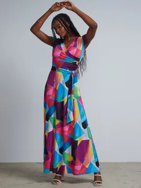 Geometric Print V-Neck Waist-Tie Maxi Dress