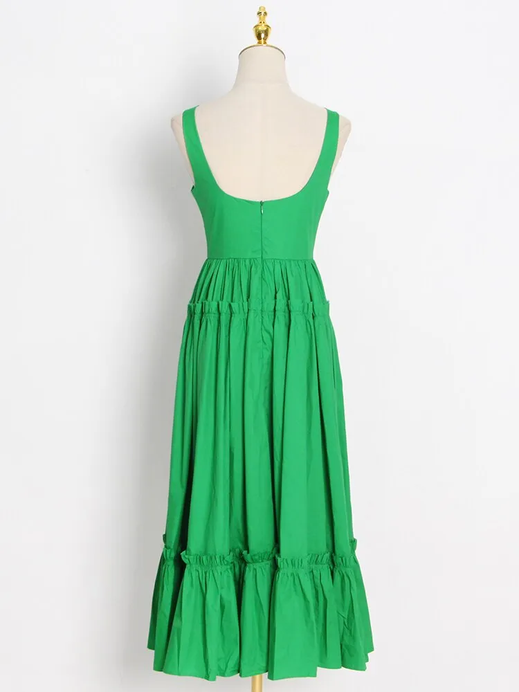 Green Sexy Summer Dress For Women Round Neck Sleeveless High Waist Solid Minimalist Ruched Midi Dresses Female