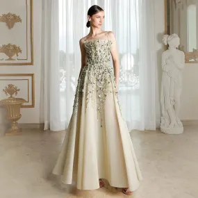 HELEN Luxury Beige 3D Floral Embroidery Evening Dress