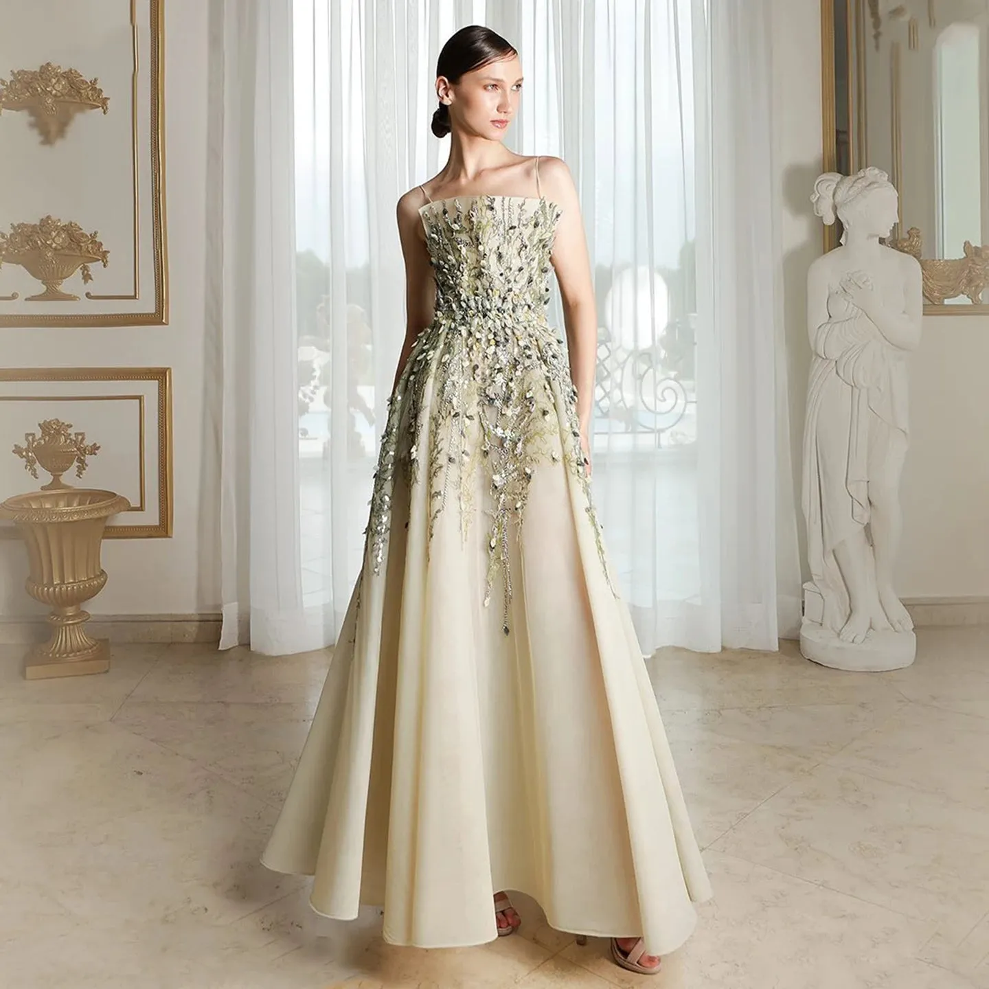 HELEN Luxury Beige 3D Floral Embroidery Evening Dress