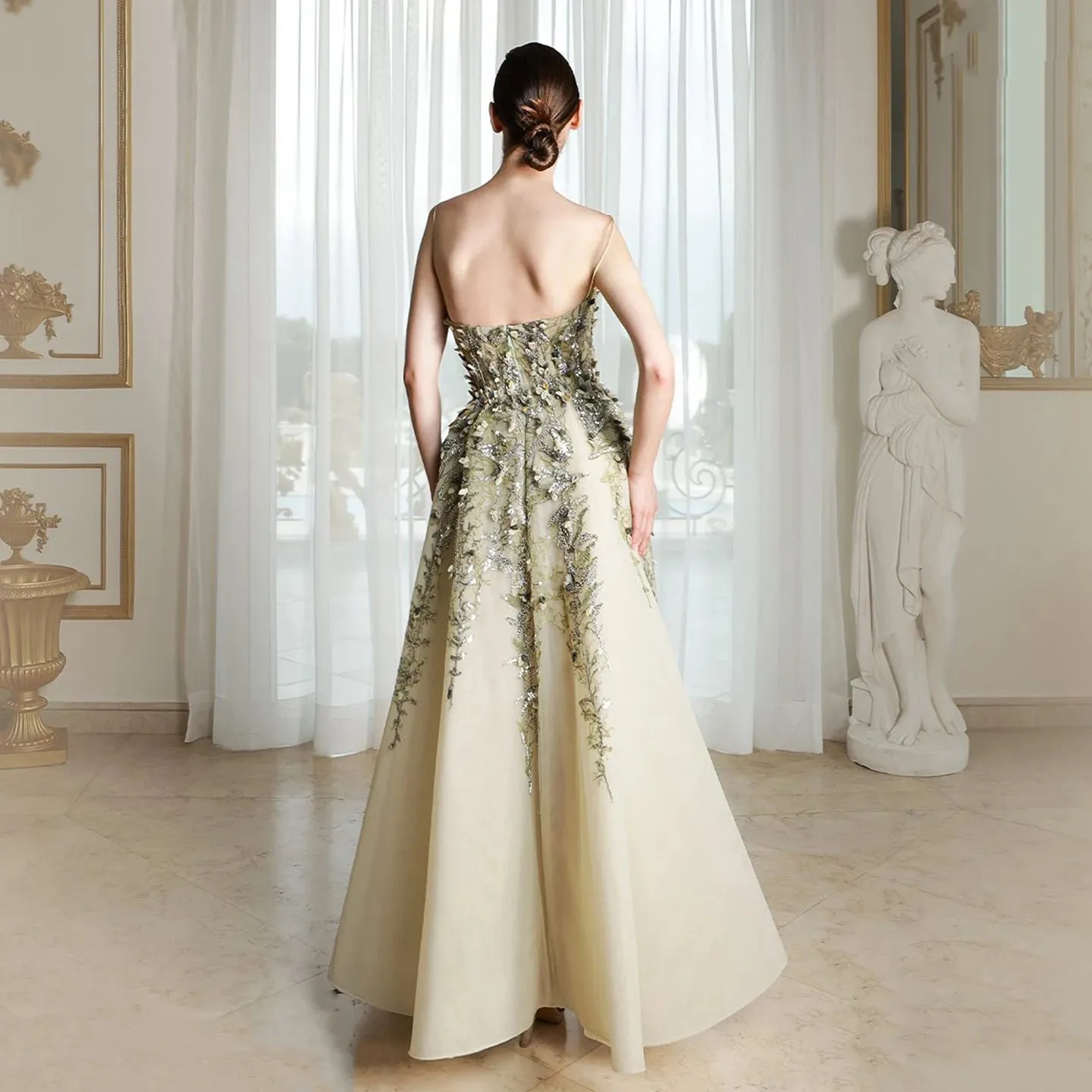 HELEN Luxury Beige 3D Floral Embroidery Evening Dress