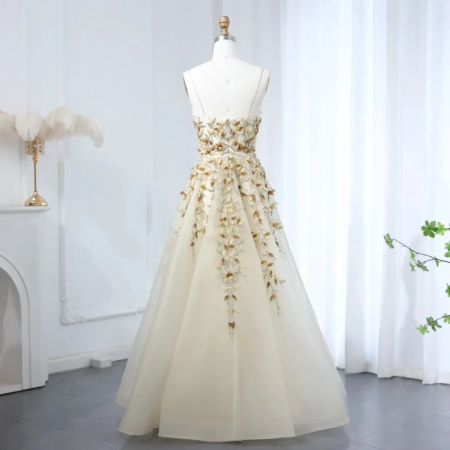 HELEN Luxury Beige 3D Floral Embroidery Evening Dress