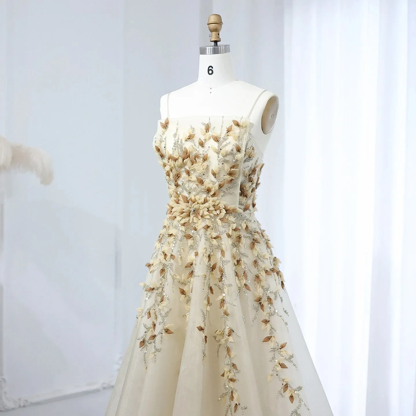HELEN Luxury Beige 3D Floral Embroidery Evening Dress