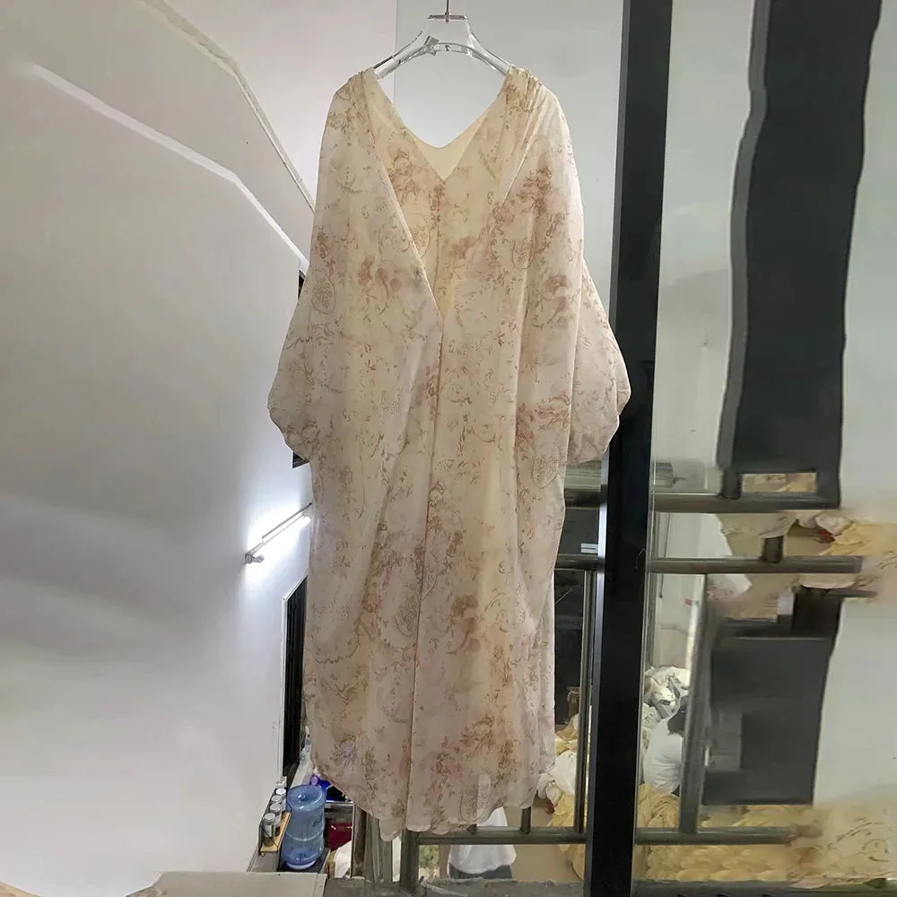 Hit Color Printing Loose Folds Dresses For Women Batwing Sleeve High Waist Minimalist Long Dress Female Fashion Style New