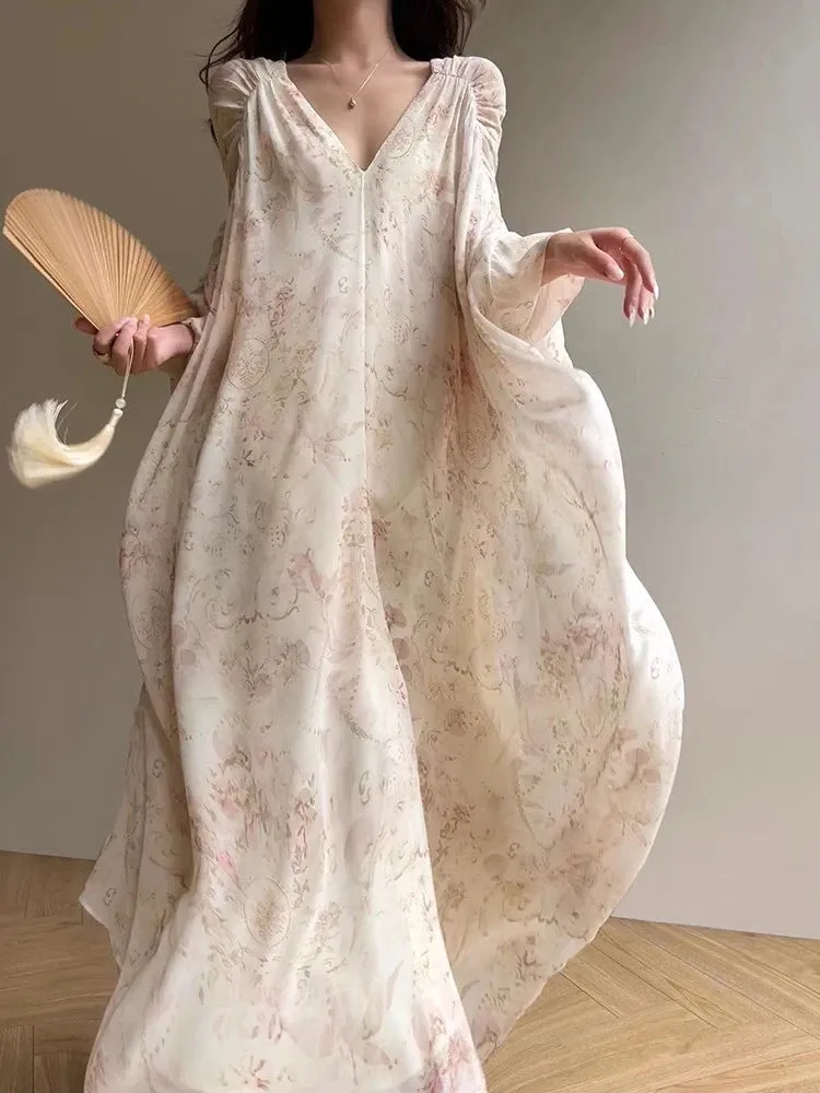 Hit Color Printing Loose Folds Dresses For Women Batwing Sleeve High Waist Minimalist Long Dress Female Fashion Style New
