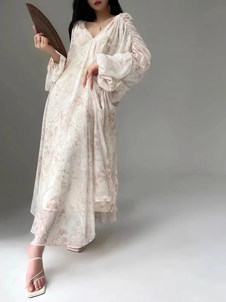 Hit Color Printing Loose Folds Dresses For Women Batwing Sleeve High Waist Minimalist Long Dress Female Fashion Style New