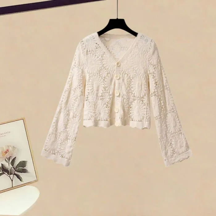 Hollow Cardigan Vintage Floral Print Slip Dress Set