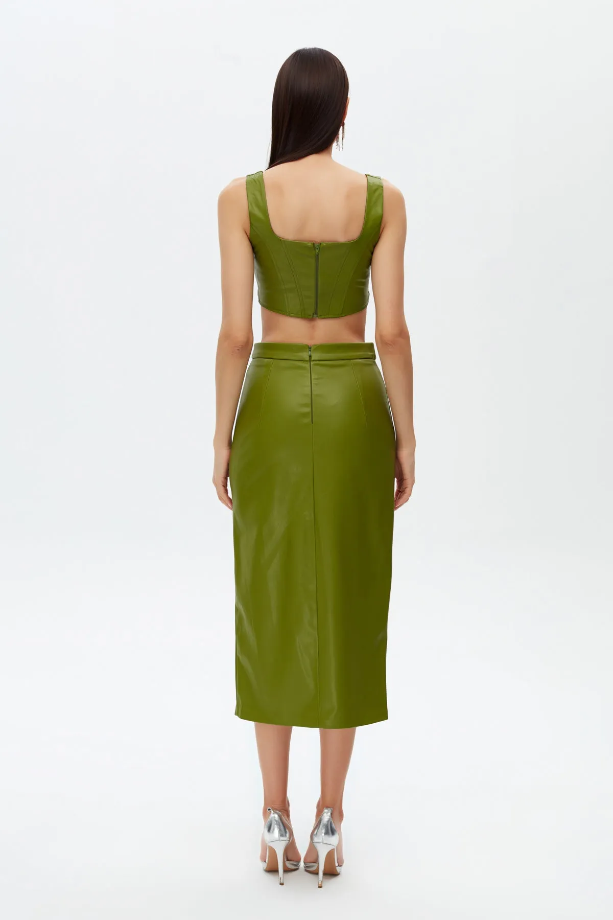 India green deep slit midi skirt