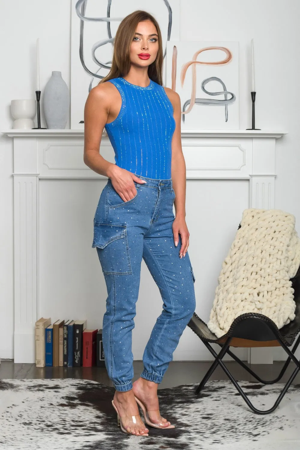 Irene Sleeve less knit top with rhinestones details