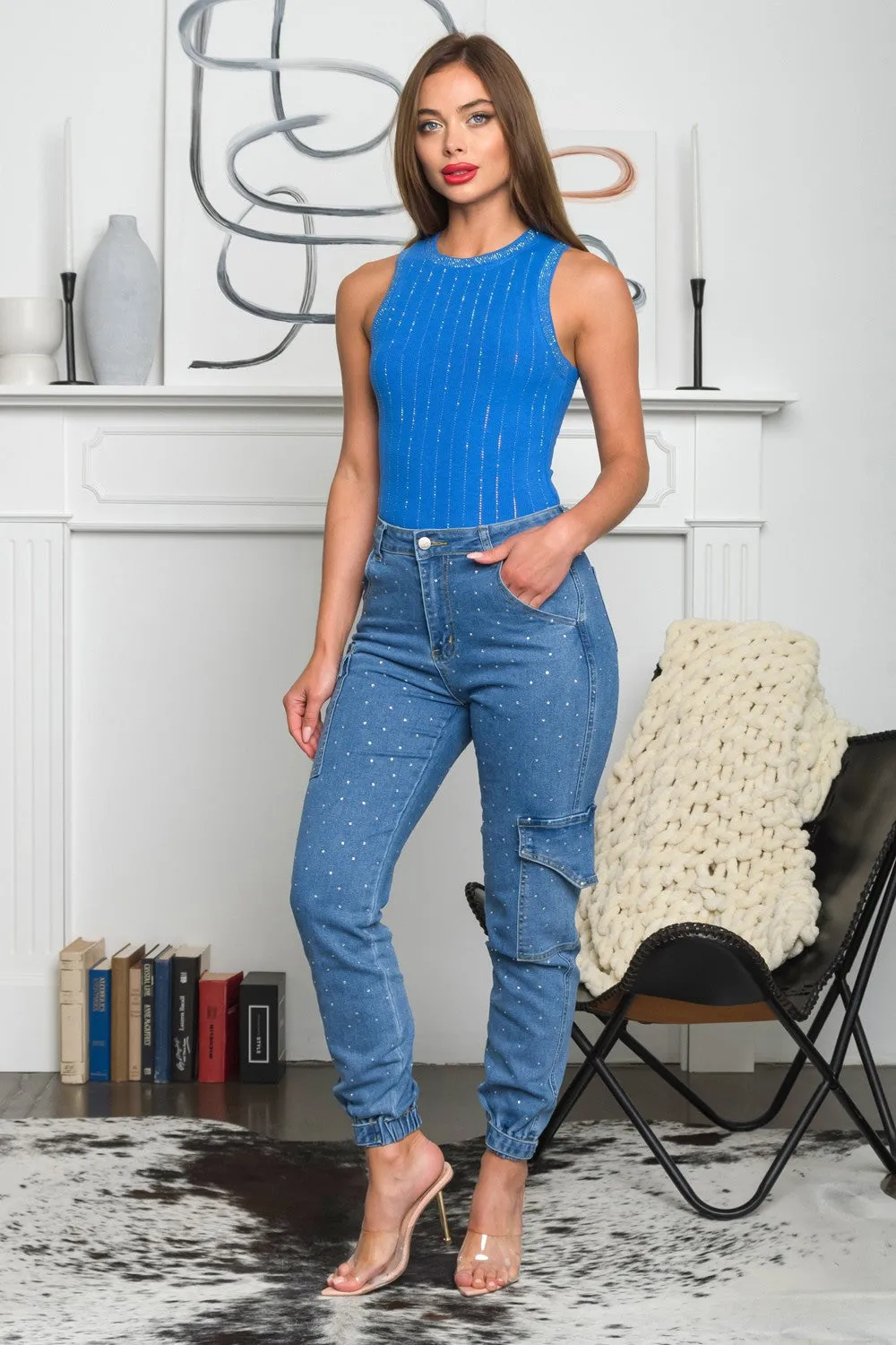 Irene Sleeve less knit top with rhinestones details