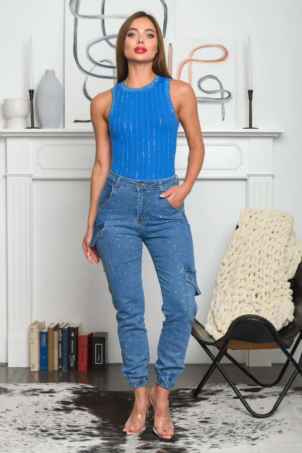 Irene Sleeve less knit top with rhinestones details