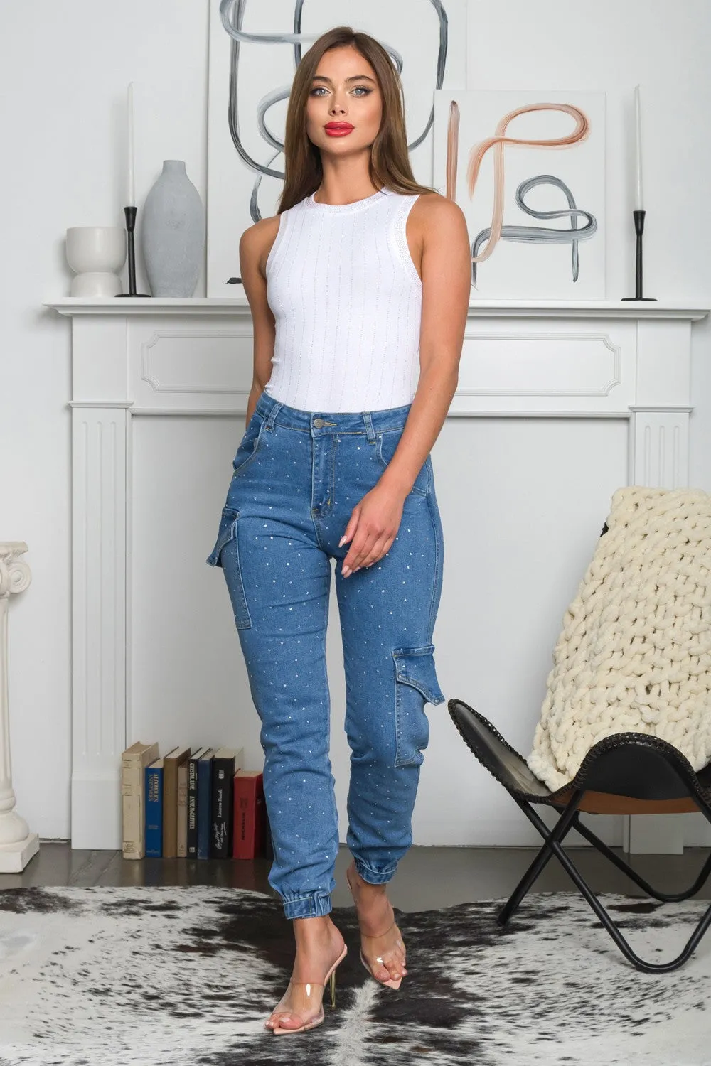 Irene Sleeve less knit top with rhinestones details