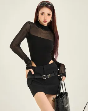 Kaydence Solid Color Black Long Sleeve Slim Mesh Patchwork Bodysuit Top