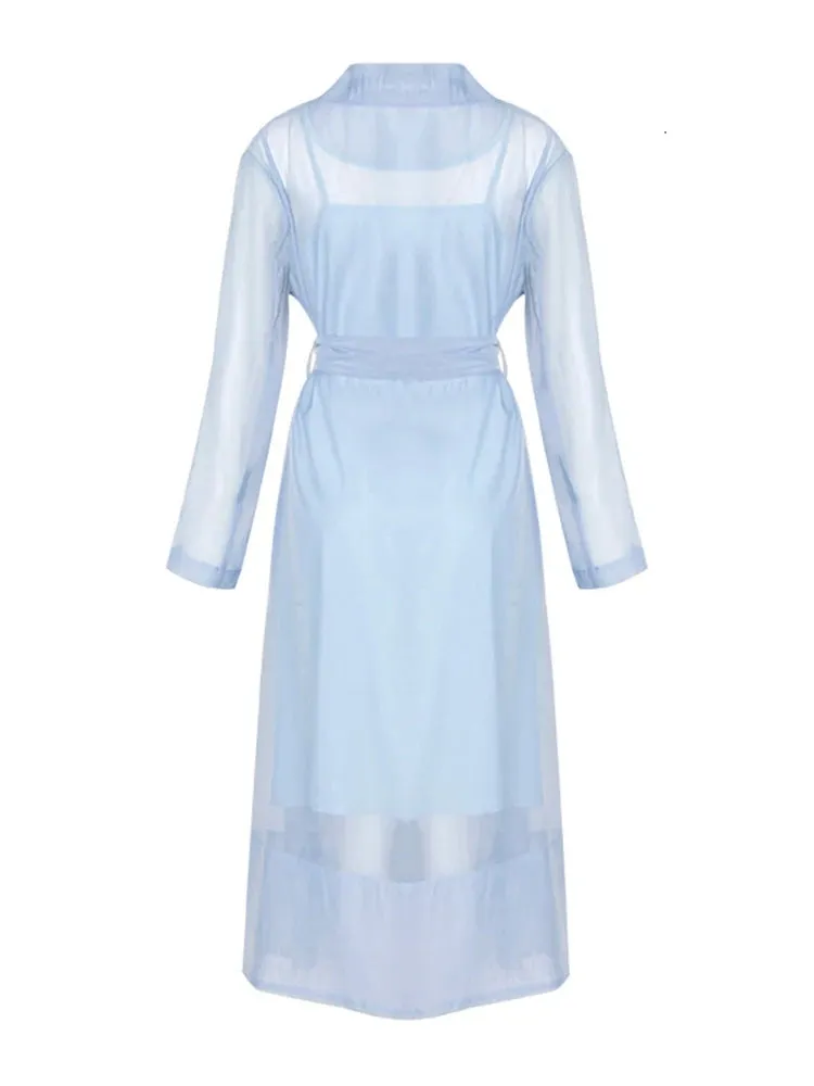 Korean Elegant Sashes Dress For Women Notched Collar Long Sleeve High Waist Solid Minimalist Midi Dresses Female Clothes New