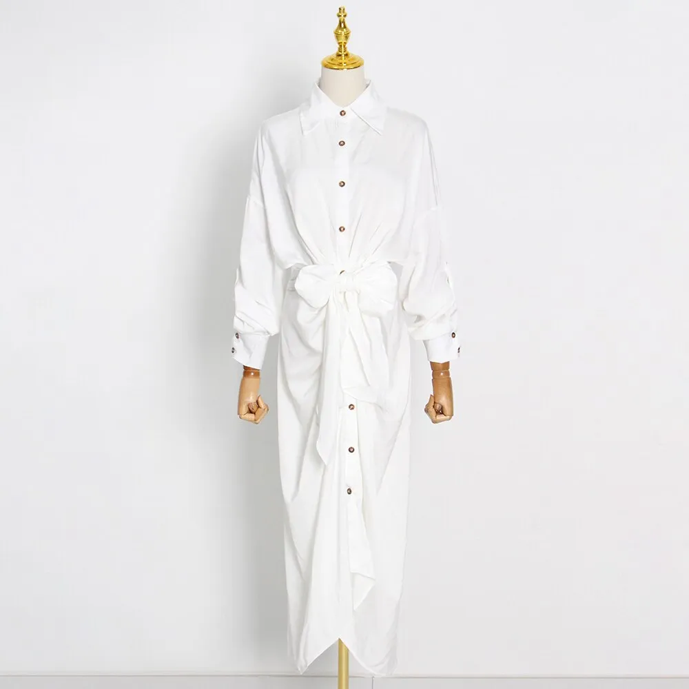 Korean Fashion Dress For Women Lapel Long Sleeve High Waist Solid Minimalist Midi Dresses Female Spring Clothes