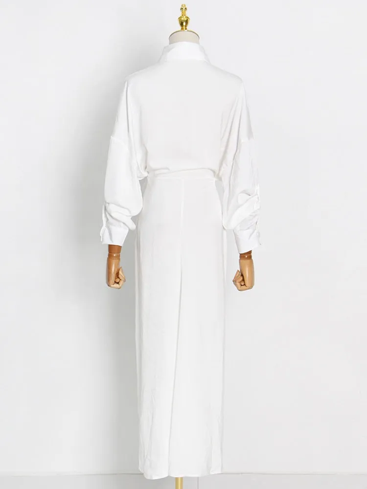 Korean Fashion Dress For Women Lapel Long Sleeve High Waist Solid Minimalist Midi Dresses Female Spring Clothes