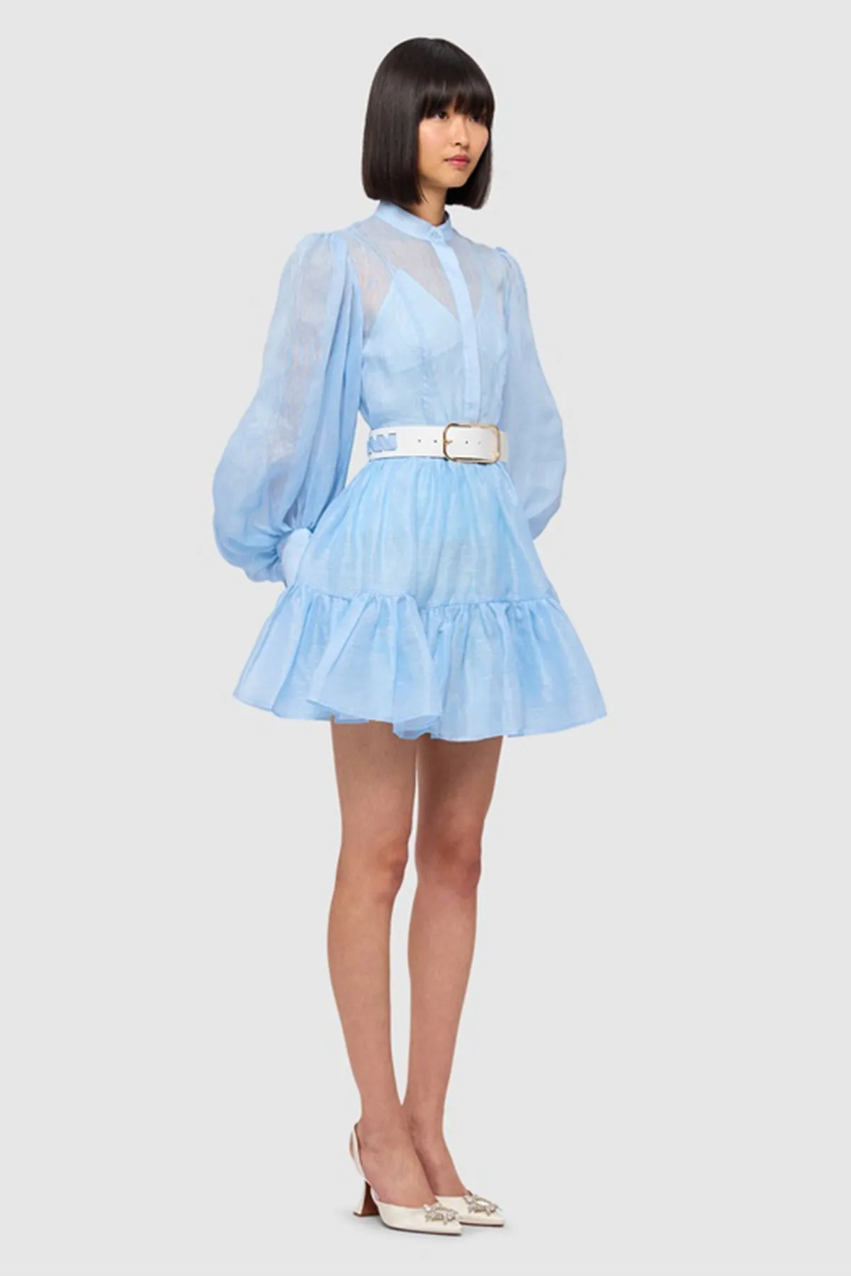 Leo Lin Alexandra Belted Silk Mini in Cornflower Blue Size AU 12