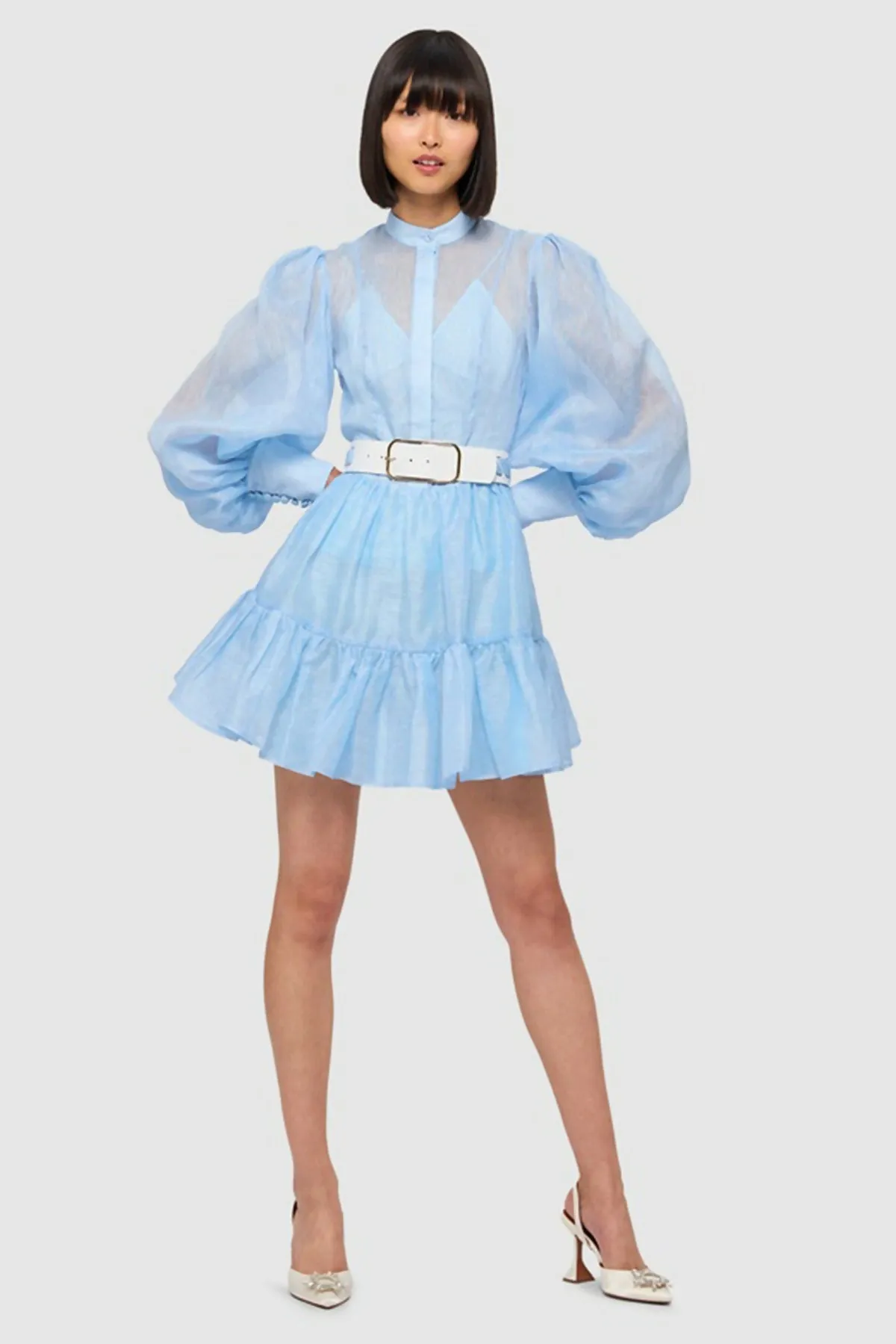 Leo Lin Alexandra Belted Silk Mini in Cornflower Blue Size AU 12
