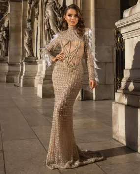 Long High Neck Silver Evening Gown