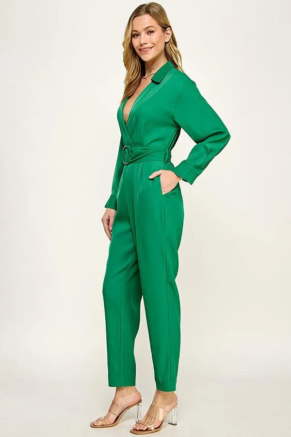 long sleeve gold buckle wrap jumpsuit