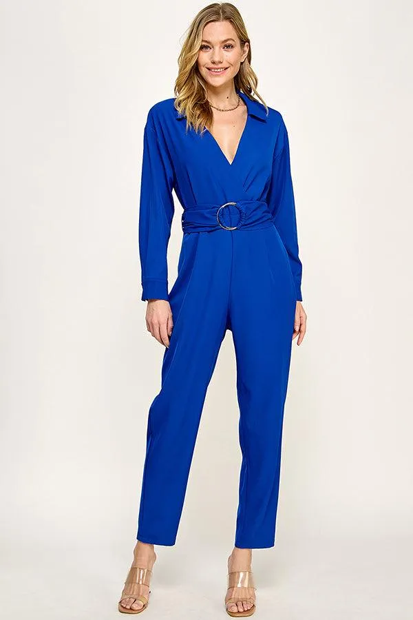 long sleeve gold buckle wrap jumpsuit