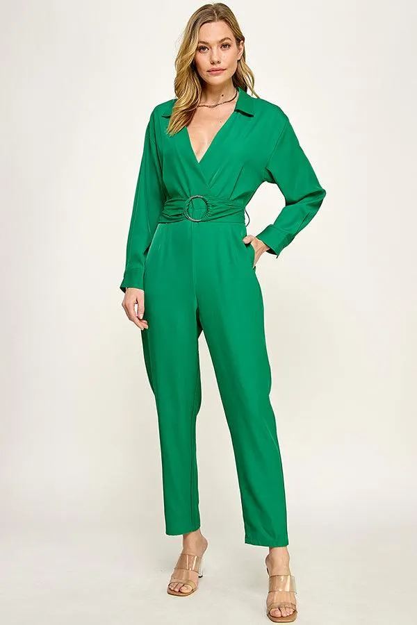 long sleeve gold buckle wrap jumpsuit