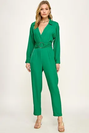 long sleeve gold buckle wrap jumpsuit
