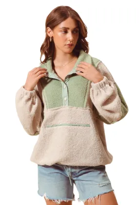 Loose Fit Color Block Sherpa Pullover