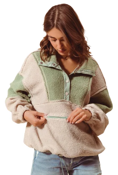 Loose Fit Color Block Sherpa Pullover