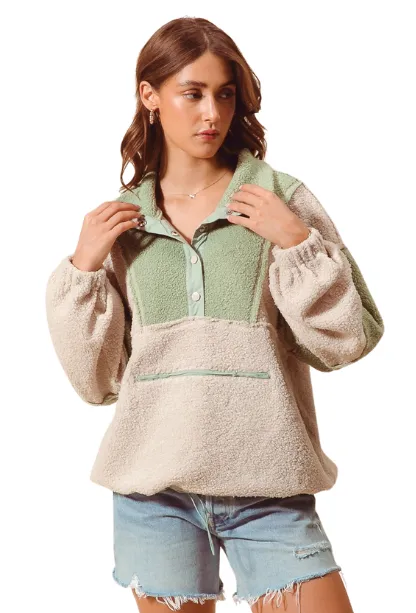 Loose Fit Color Block Sherpa Pullover