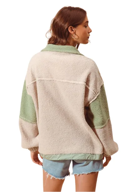 Loose Fit Color Block Sherpa Pullover