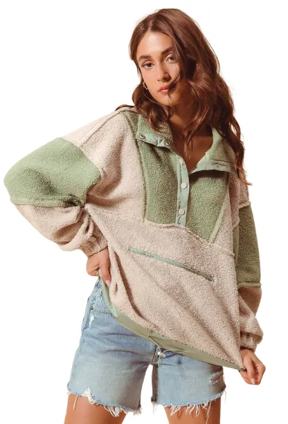 Loose Fit Color Block Sherpa Pullover