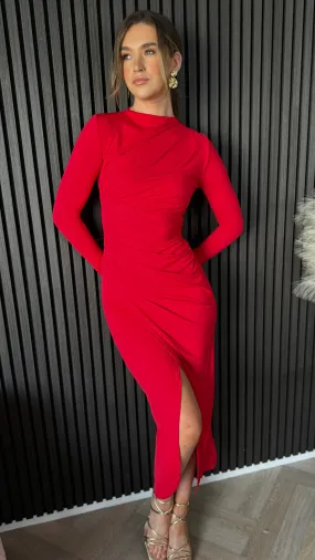 Loretta Red Ruched Wrap Effect High Neck Midi Dress