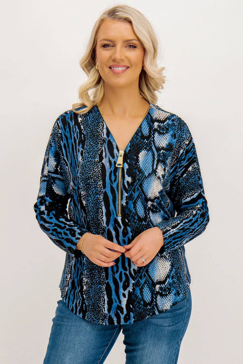 Lottie Blue Animal Print Knit Zip Top