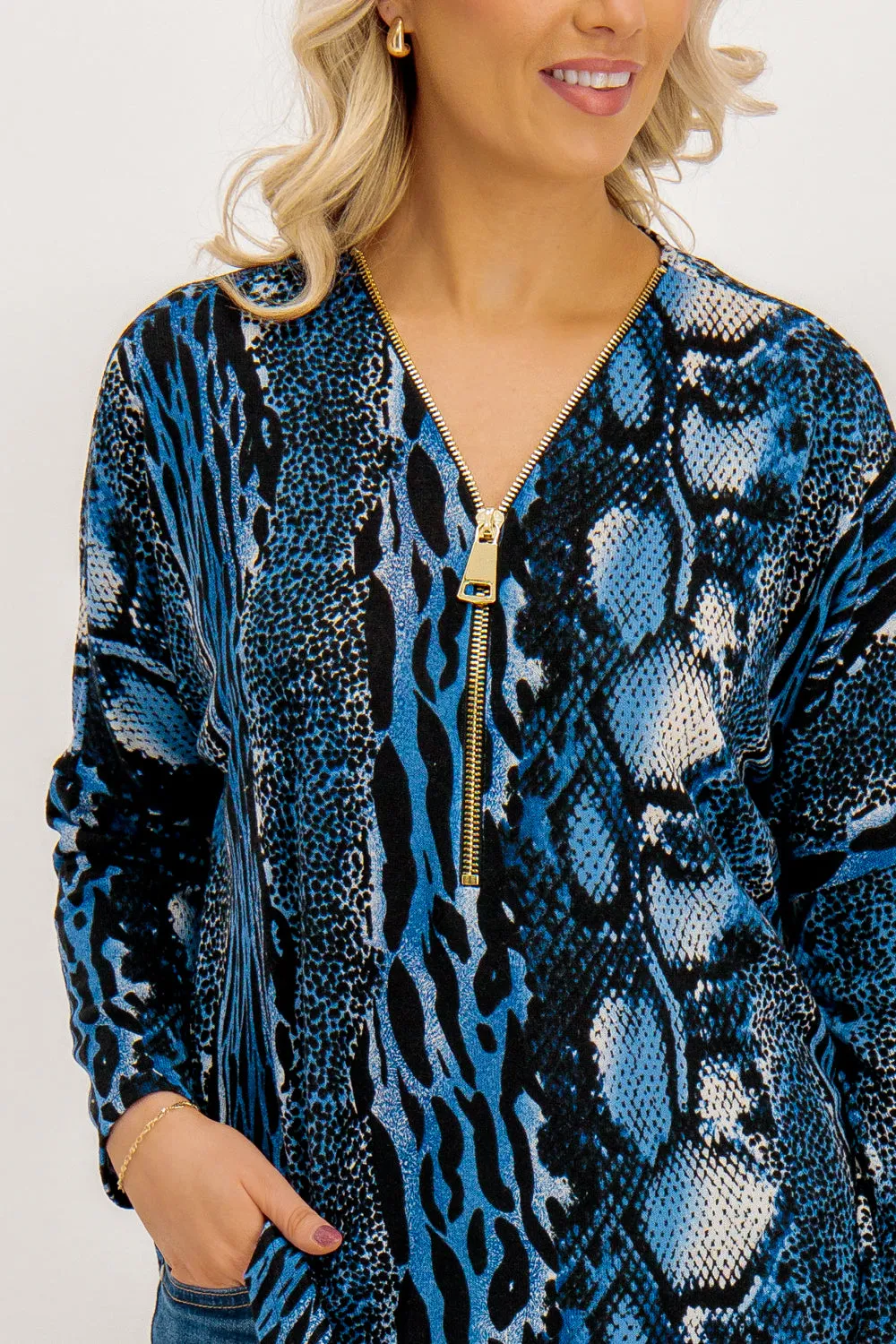 Lottie Blue Animal Print Knit Zip Top