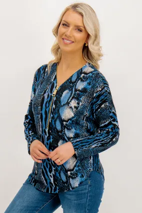 Lottie Blue Animal Print Knit Zip Top