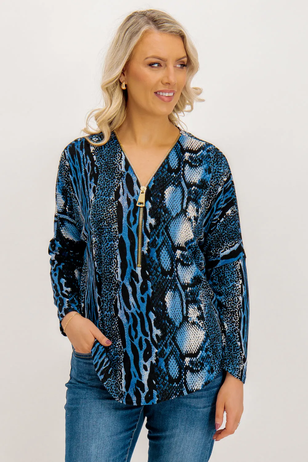 Lottie Blue Animal Print Knit Zip Top