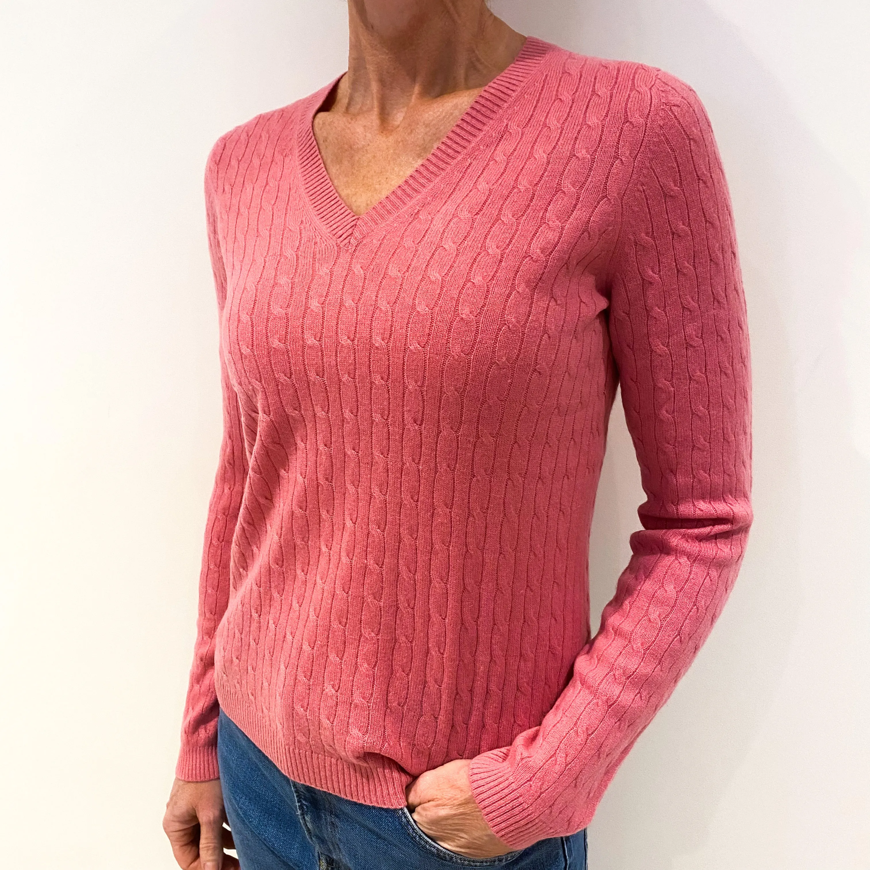 Lupin Pink Cable Knit Cashmere V-Neck Jumper Small