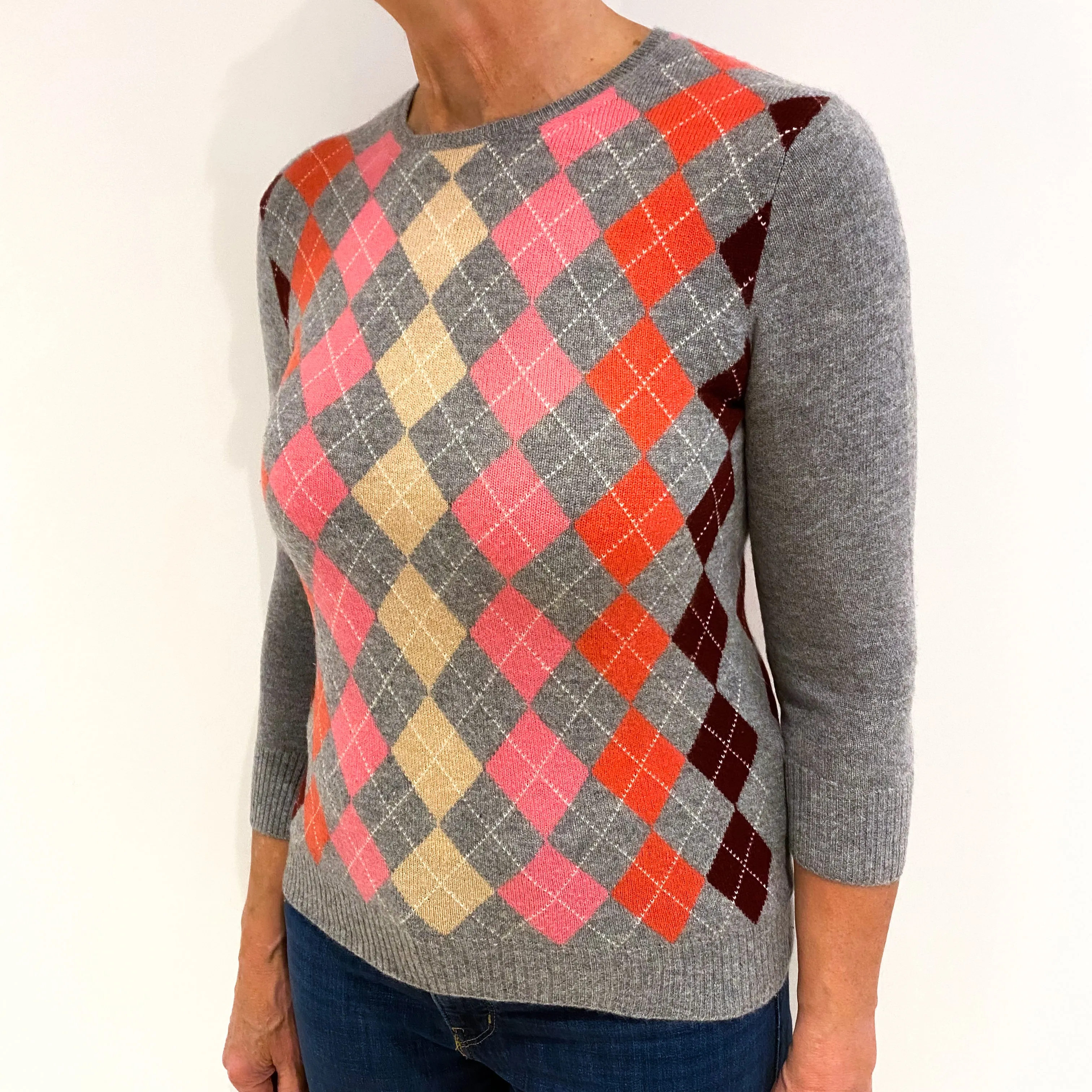Magenta Pink and Ash Grey Argyle 3/4 Sleeve Cashmere Crew Neck Jumper Medium