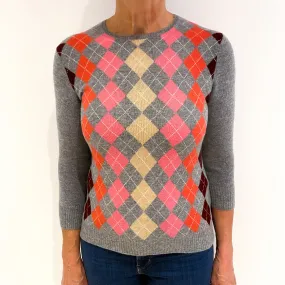 Magenta Pink and Ash Grey Argyle 3/4 Sleeve Cashmere Crew Neck Jumper Medium