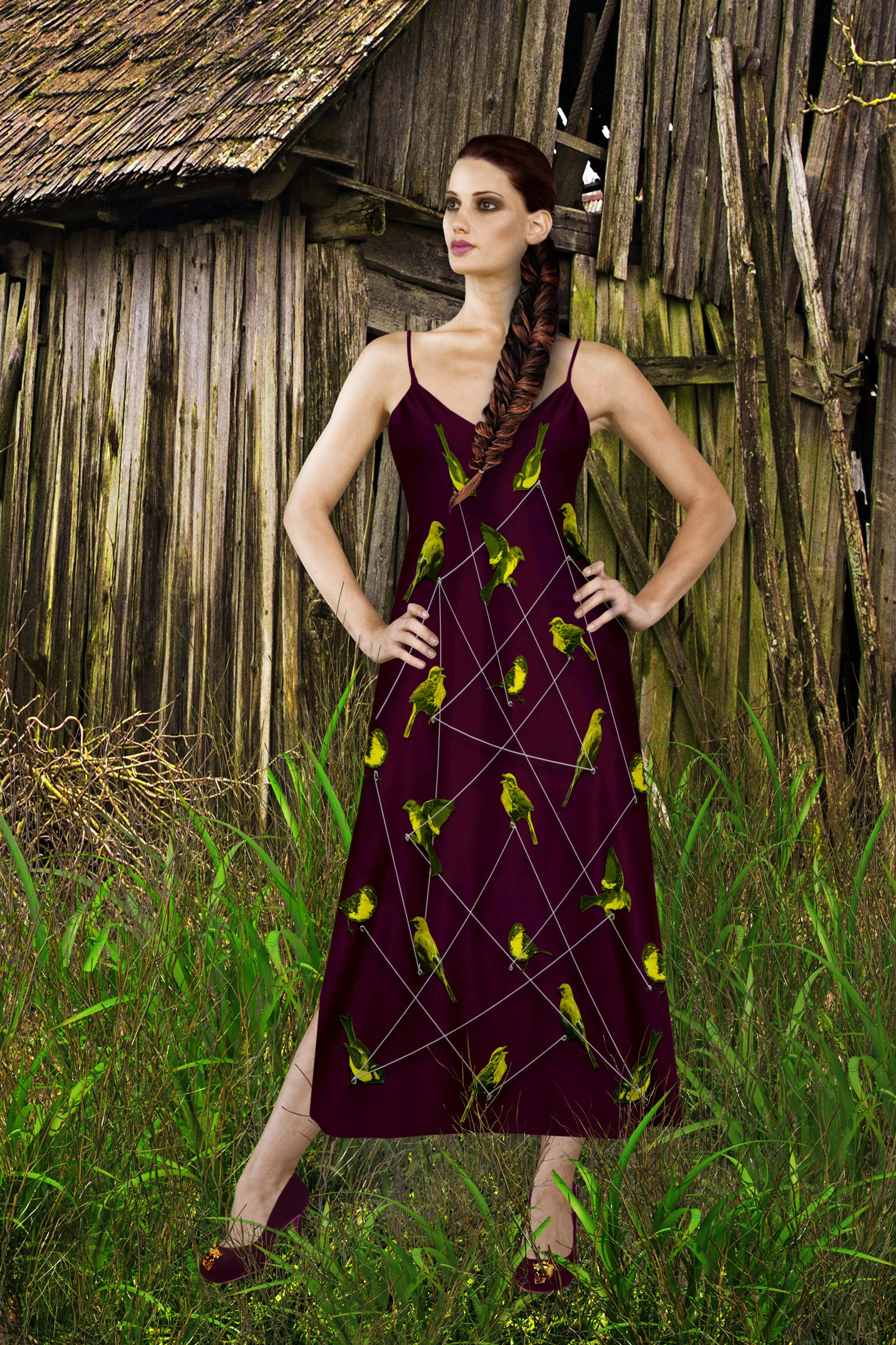 Make Me A Bird- 100% Silk Satin French Gothic V Neck Slip Dress on Eggplant Wine | Le Leanian™