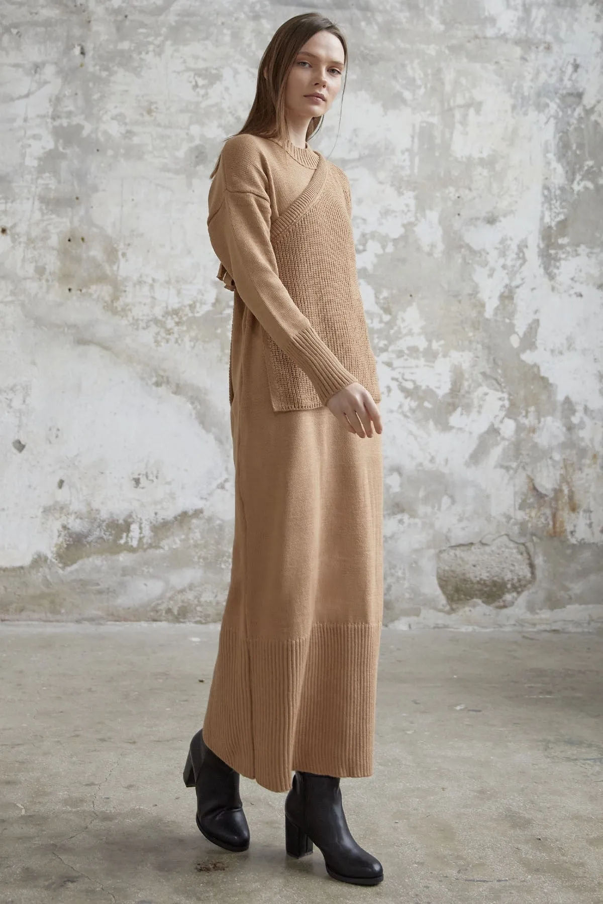 MDS Women Knit Dress with Belted Sweater - Camel - Cedar Park