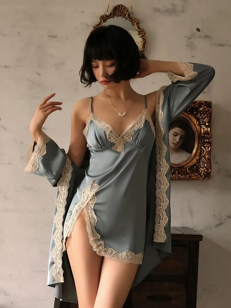 Melani Lace Trim Slip Satin Dress and Gown Set