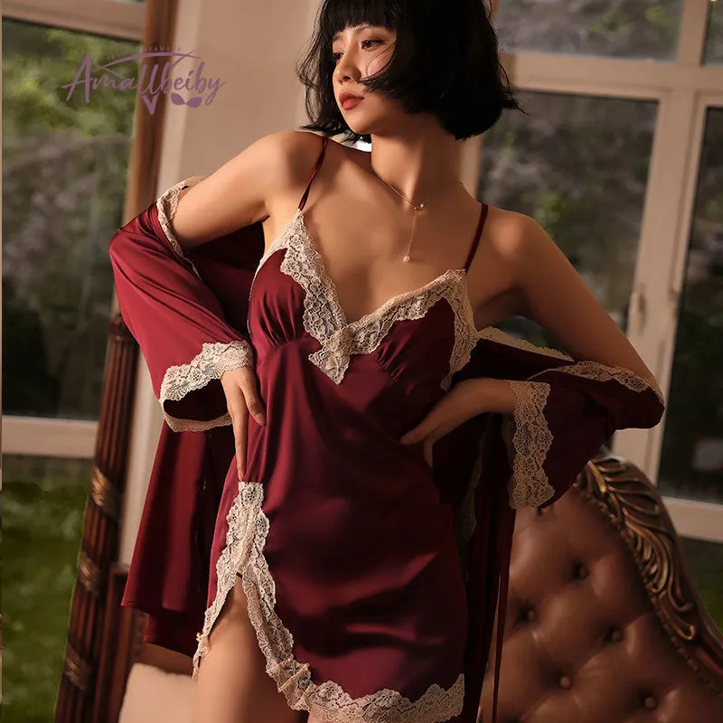 Melani Lace Trim Slip Satin Dress and Gown Set