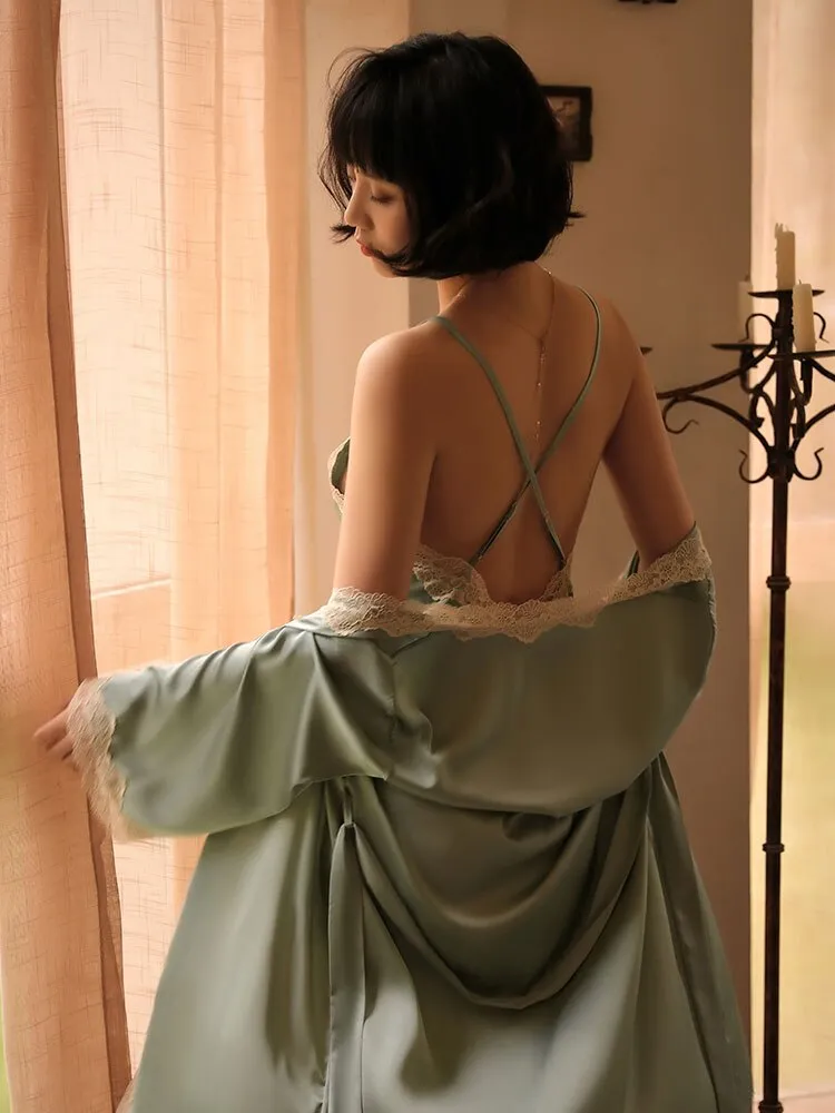 Melani Lace Trim Slip Satin Dress and Gown Set