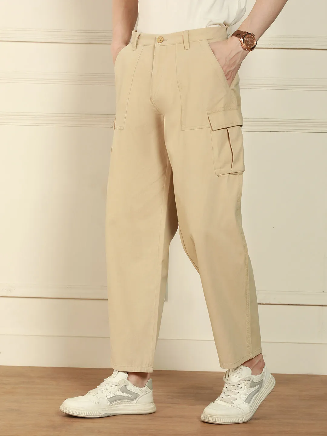 Men's light khaki Relaxed Fit Solid Cotton Lycra Stretchable Trousers