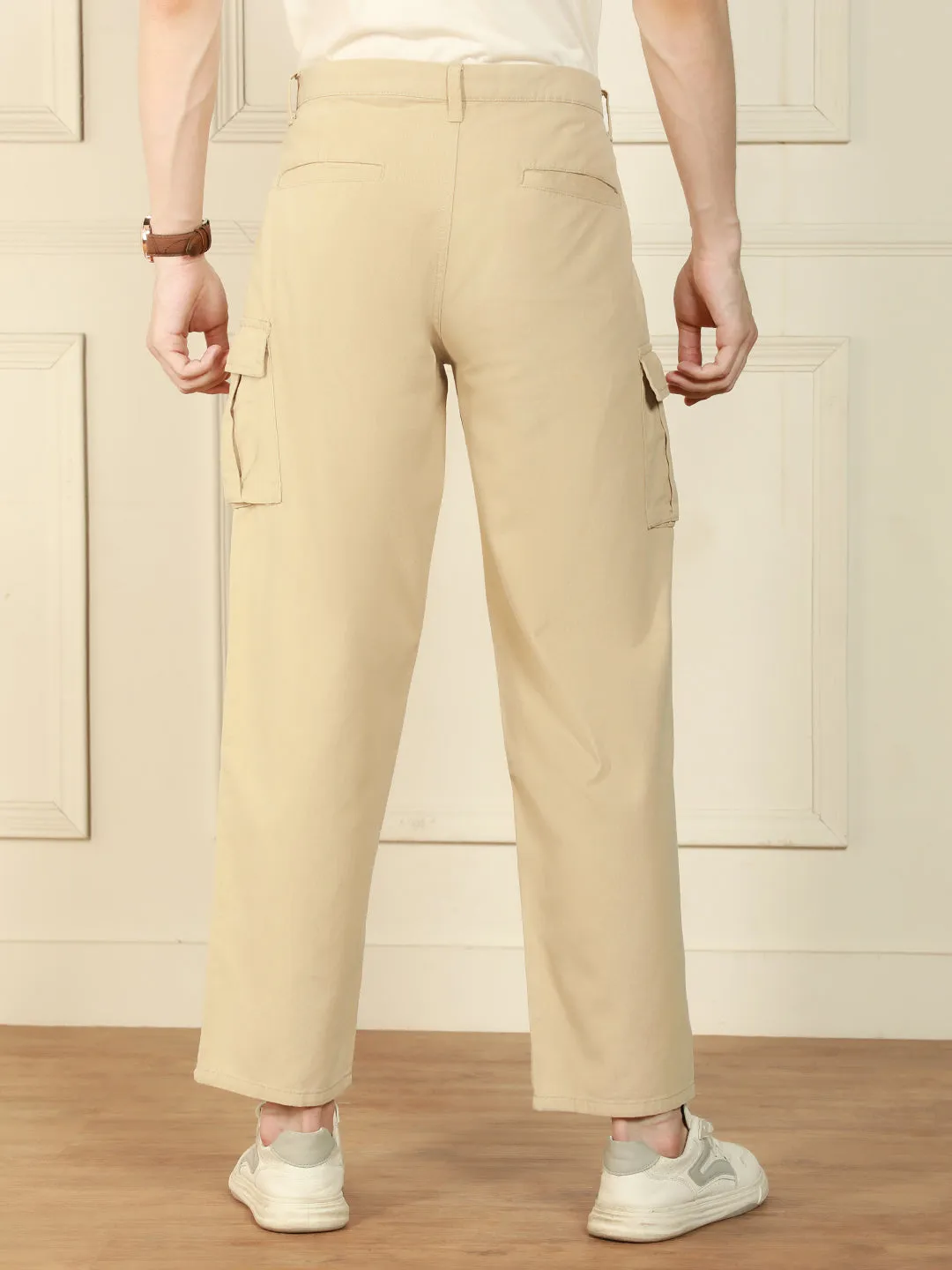Men's light khaki Relaxed Fit Solid Cotton Lycra Stretchable Trousers
