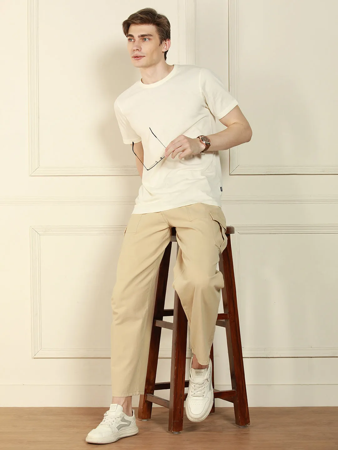 Men's light khaki Relaxed Fit Solid Cotton Lycra Stretchable Trousers