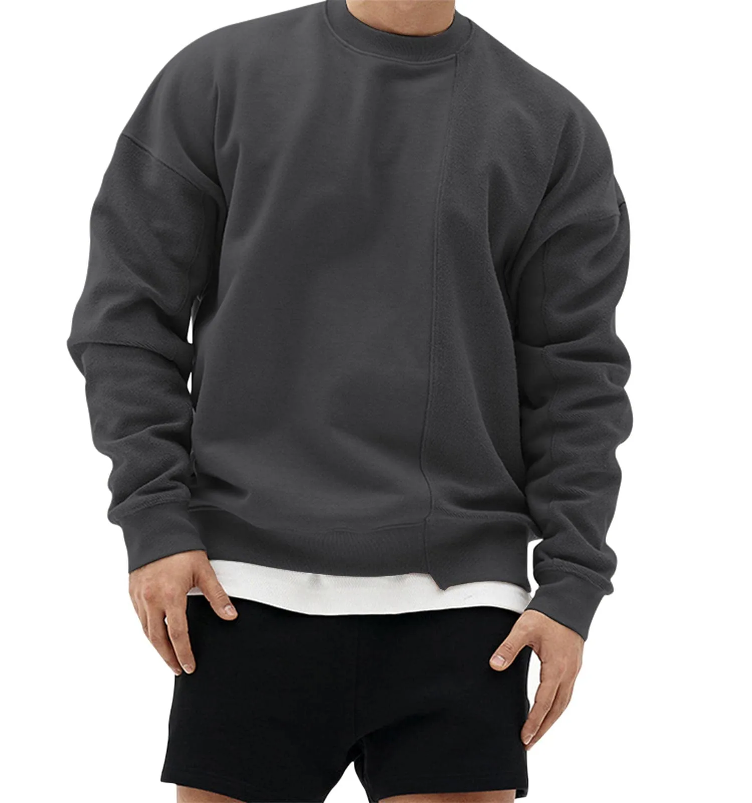 Men's Patchwork Knit Black Long Sleeve Pullover Sweatshirt