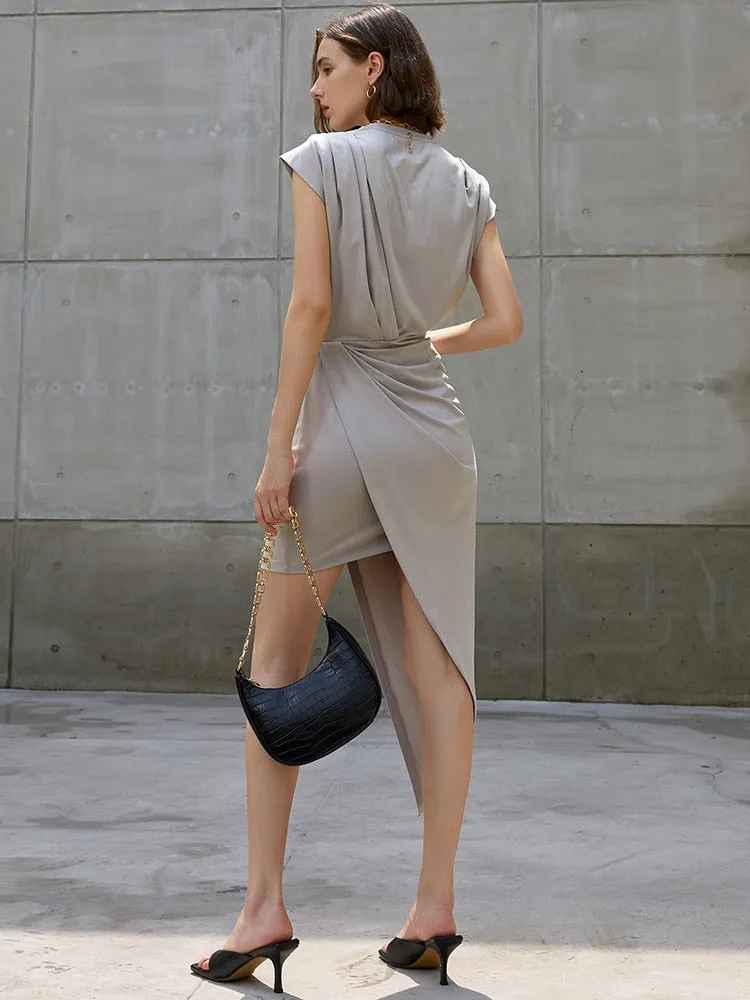 Minimalist Dresses For Women Round Neck Sleeveless High Waist Folds Asymmetrical Mini Dress Female Fashion Clothing